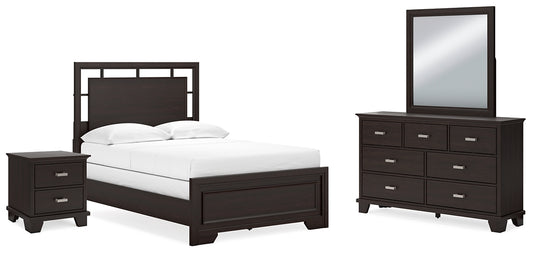 Full Panel Bed with Mirrored Dresser and Nightstand
