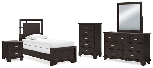 Twin Panel Bed with Mirrored Dresser, Chest and Nightstand