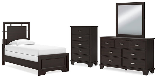 Twin Panel Bed with Mirrored Dresser and Chest