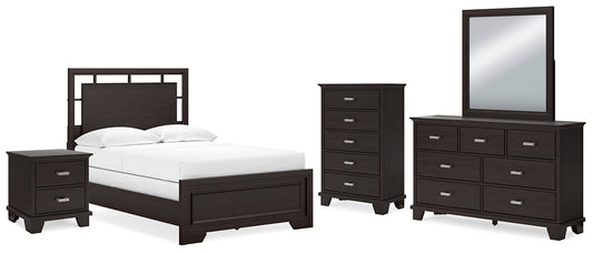 Full Panel Bed with Mirrored Dresser, Chest and Nightstand