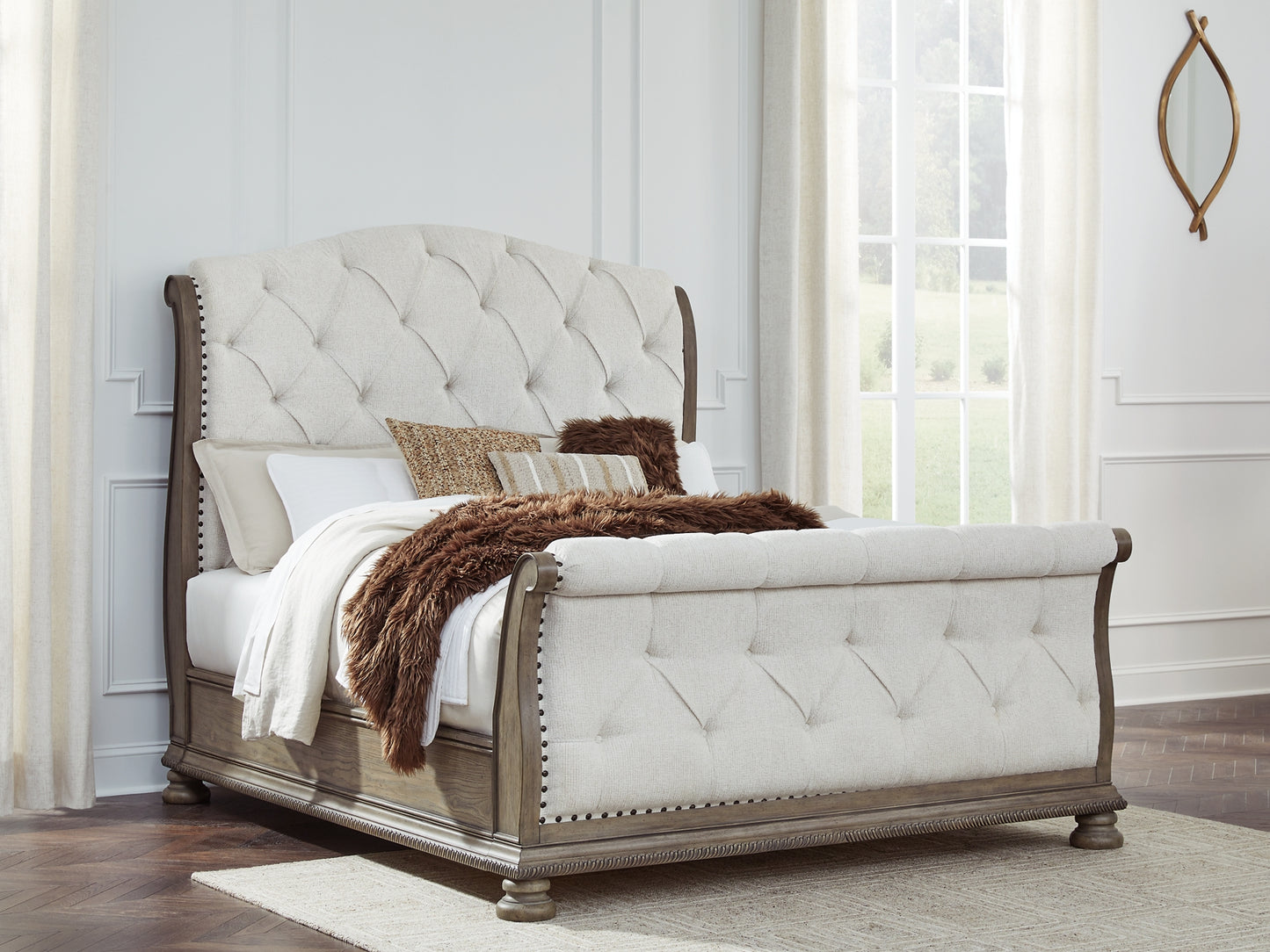Ardenfield Queen Upholstered Sleigh Bed with Mirrored Dresser, Chest and Nightstand
