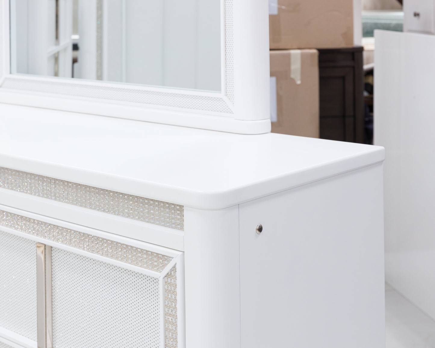 Chalanna King Upholstered Storage Bed with Mirrored Dresser