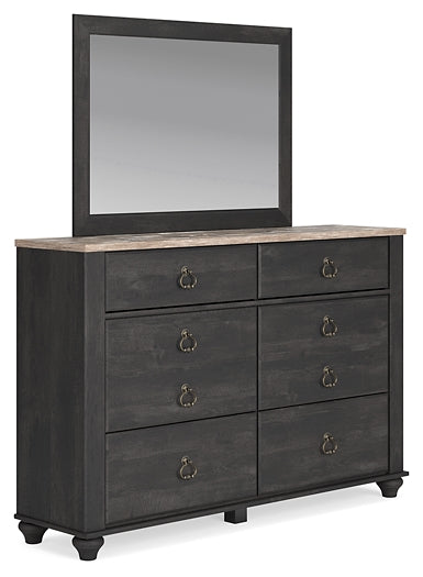 Nanforth Queen Panel Bed with Mirrored Dresser